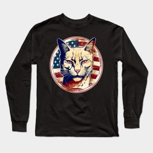 Angry Cat Retro American USA Flag 4th July Pop Art Cat Lover Long Sleeve T-Shirt